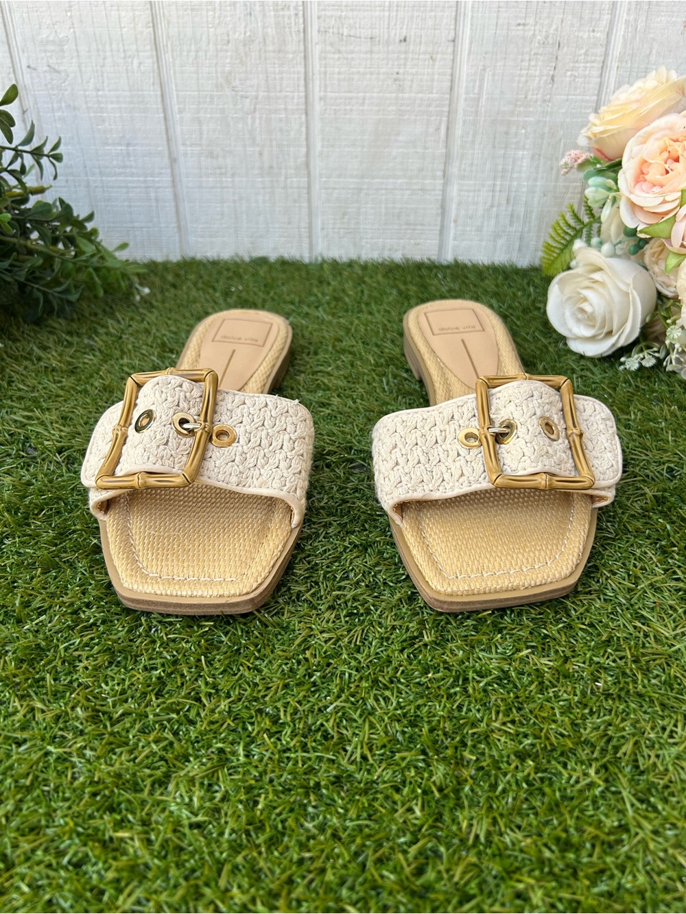 Dolce vita Woven decorative bamboo Buckle Slide Sandals in Cream size 7 new - Picture 3 of 11